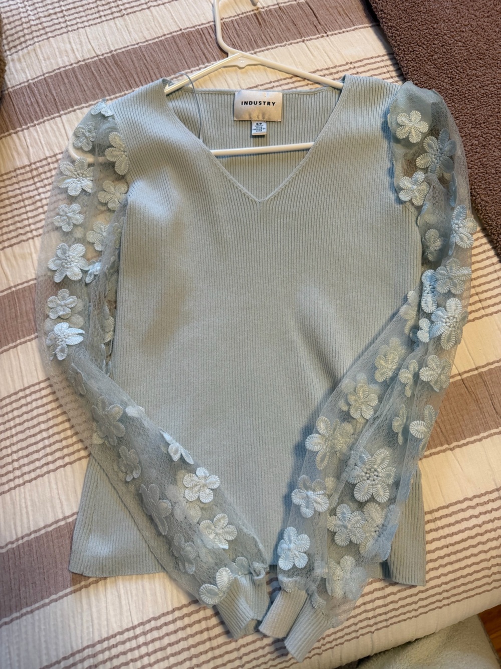 Light Blue Floral Lace Sleeve V-Neck Sweater with Floral Sleeves
